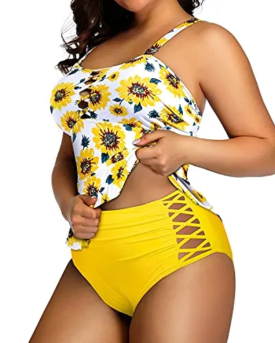 Lace Up High Waisted Swimwear For Women Bandeau Top-Yellow And Sunflower