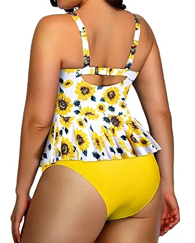 Lace Up High Waisted Swimwear For Women Bandeau Top-Yellow And Sunflower