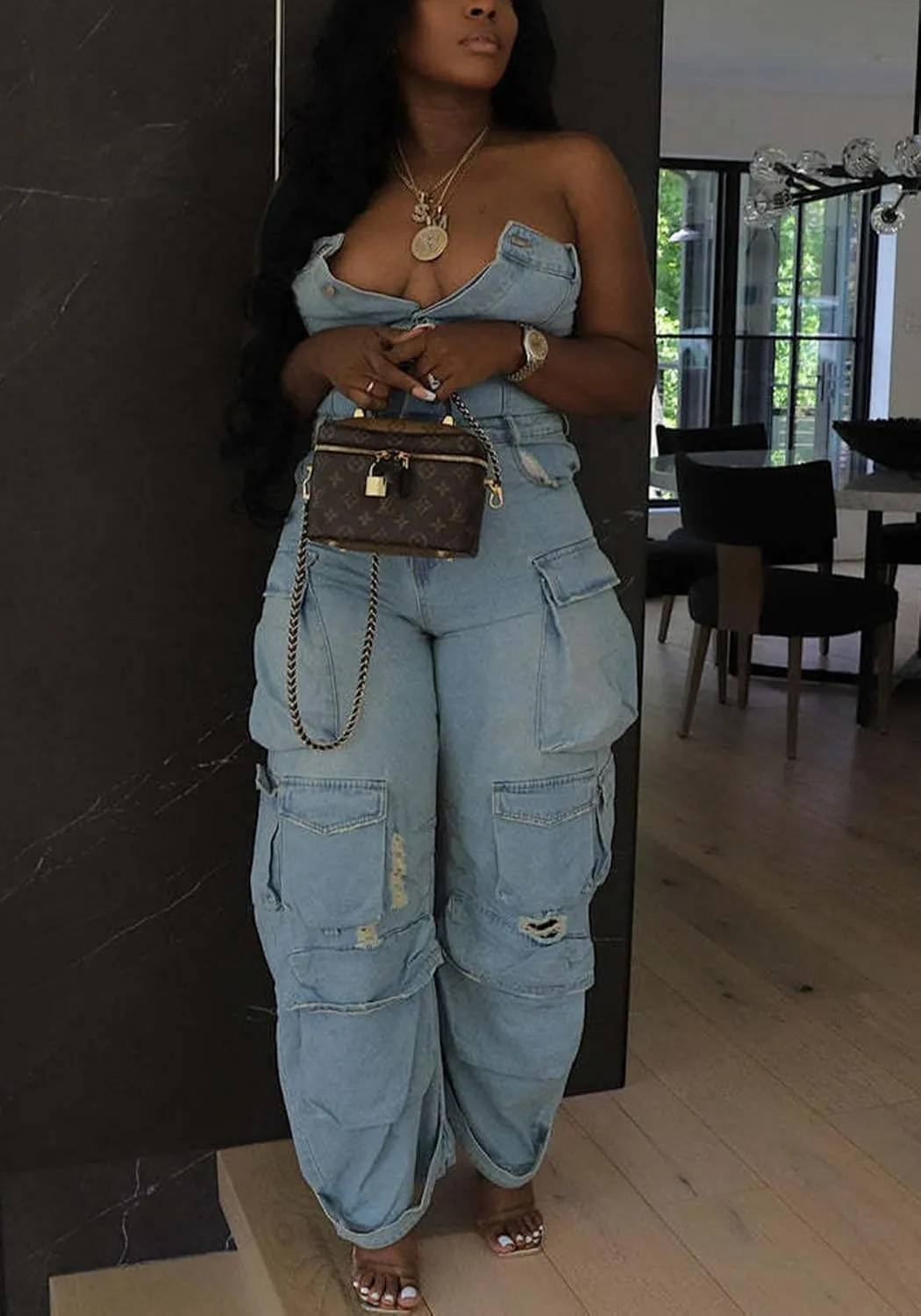 LETSVDO Women's Cargo Denim Jumpsuit Strapless Multi Pockets Wide Leg Loose Baggy Jean Romper Cargo Jeans