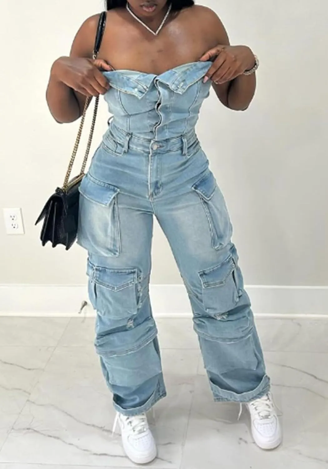 LETSVDO Women's Cargo Denim Jumpsuit Strapless Multi Pockets Wide Leg Loose Baggy Jean Romper Cargo Jeans