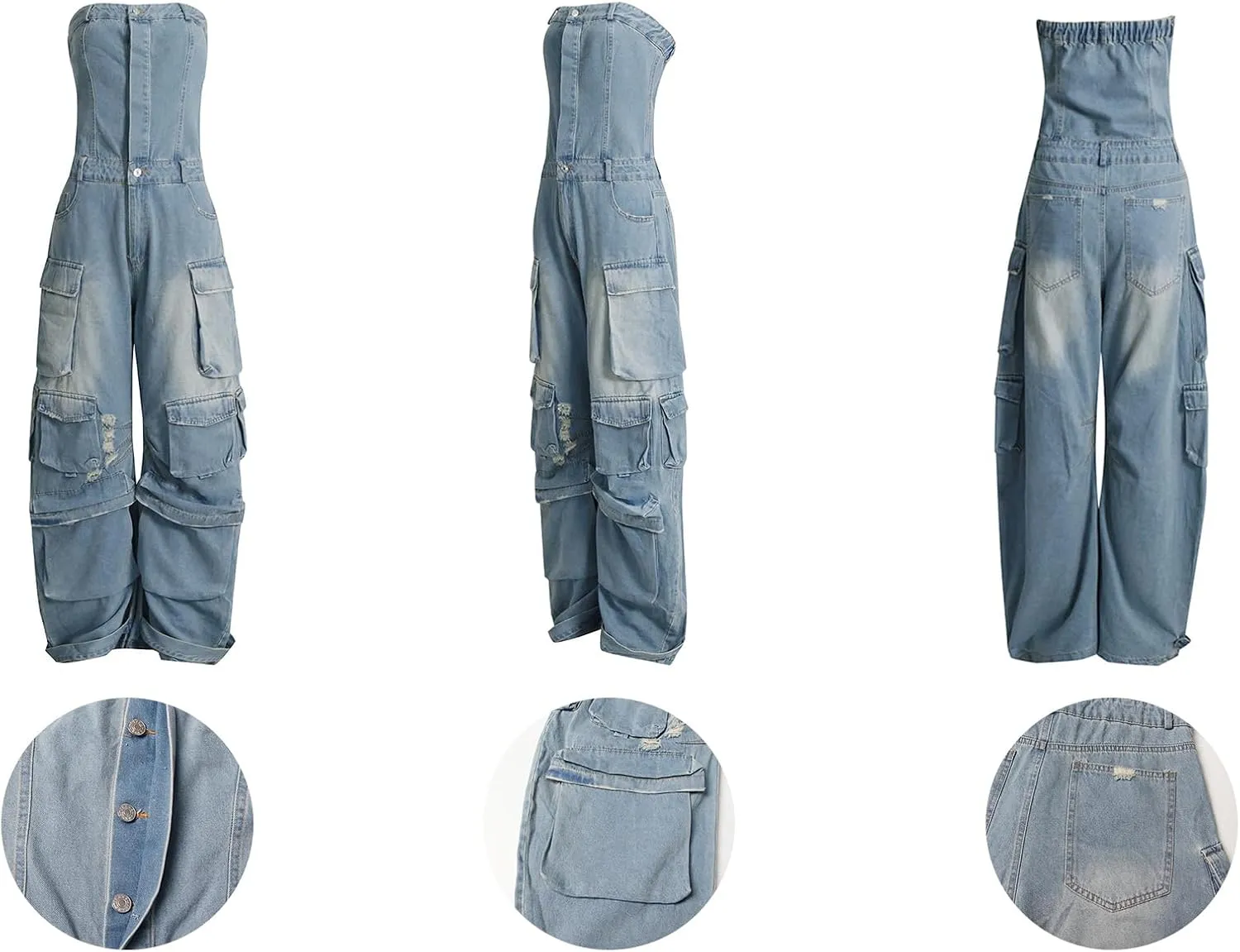 LETSVDO Women's Cargo Denim Jumpsuit Strapless Multi Pockets Wide Leg Loose Baggy Jean Romper Cargo Jeans