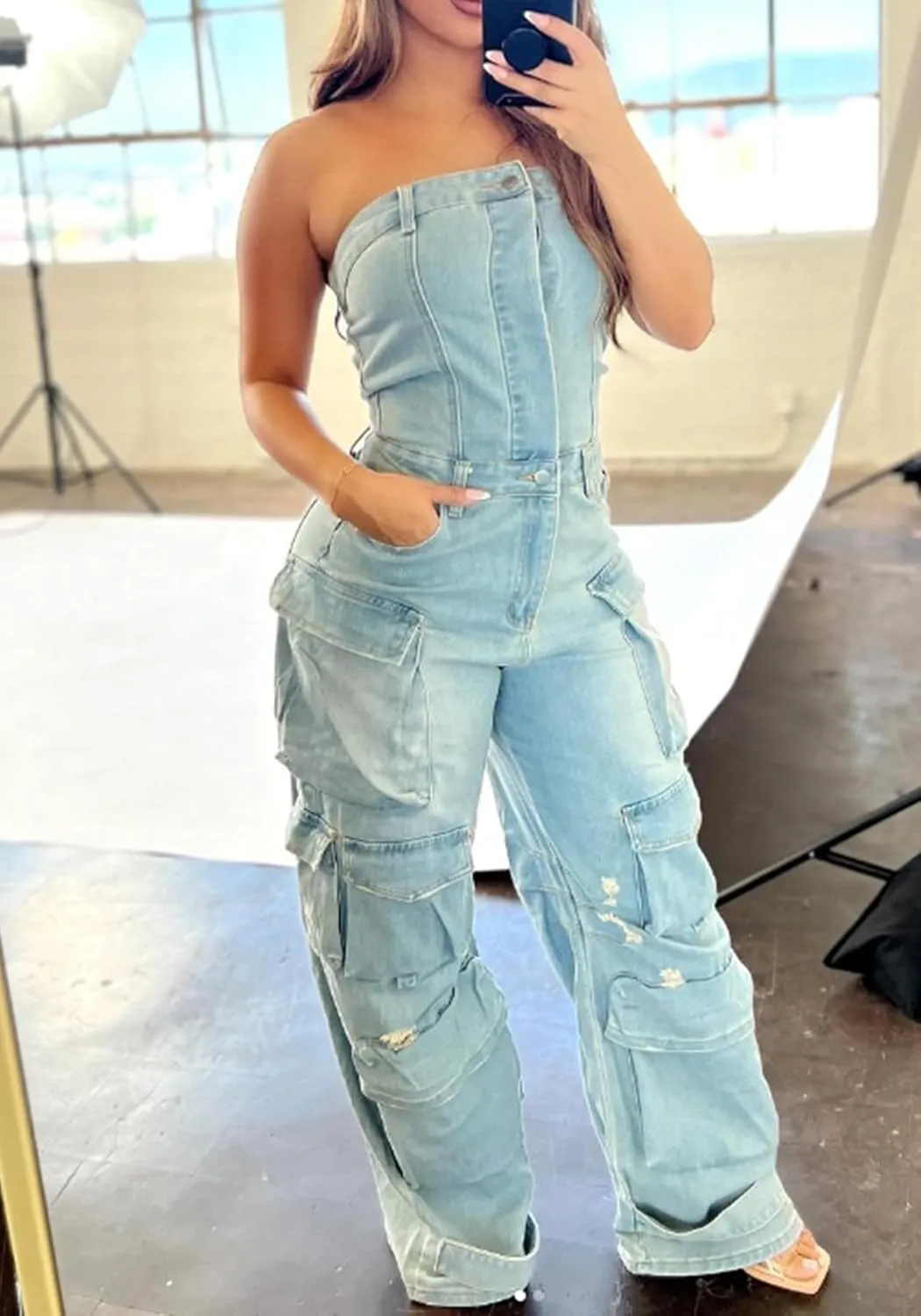 LETSVDO Women's Cargo Denim Jumpsuit Strapless Multi Pockets Wide Leg Loose Baggy Jean Romper Cargo Jeans