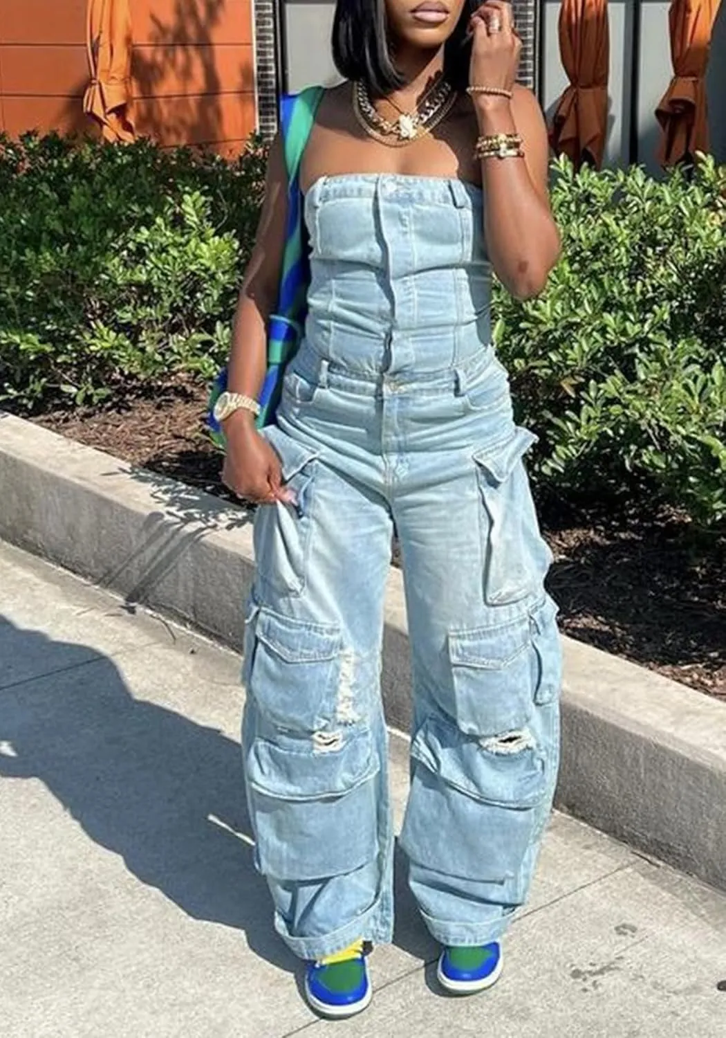 LETSVDO Women's Cargo Denim Jumpsuit Strapless Multi Pockets Wide Leg Loose Baggy Jean Romper Cargo Jeans