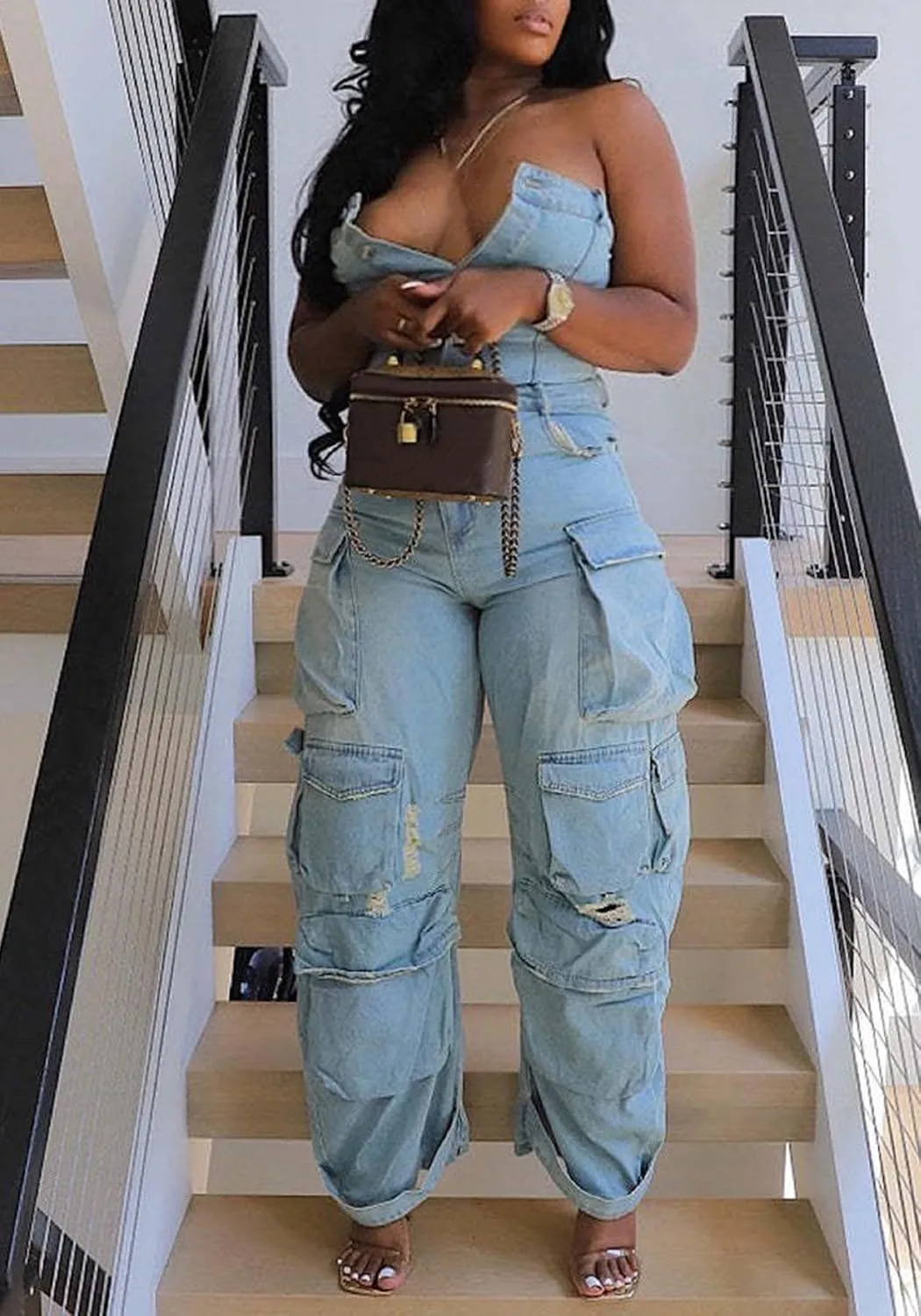 LETSVDO Women's Cargo Denim Jumpsuit Strapless Multi Pockets Wide Leg Loose Baggy Jean Romper Cargo Jeans