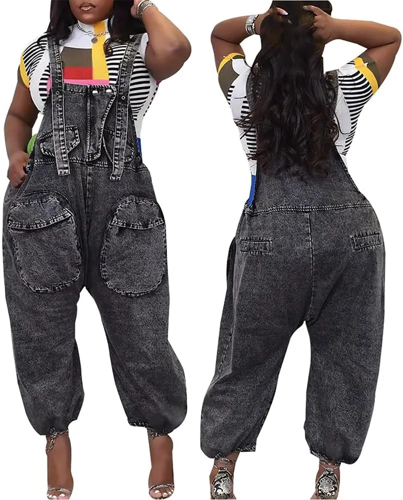 LETSVDO Womens Casual Demin Harem Jumpsuit Plus Size Camo Spaghetti Strap Sleeveless Wide Leg Baggy Overalls Romper Pants