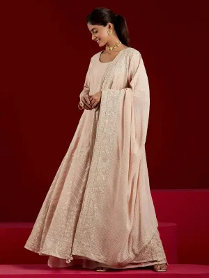 Libas Art Peach Embroidered Georgette A-Line Kurta With Palazzos & Dupatta