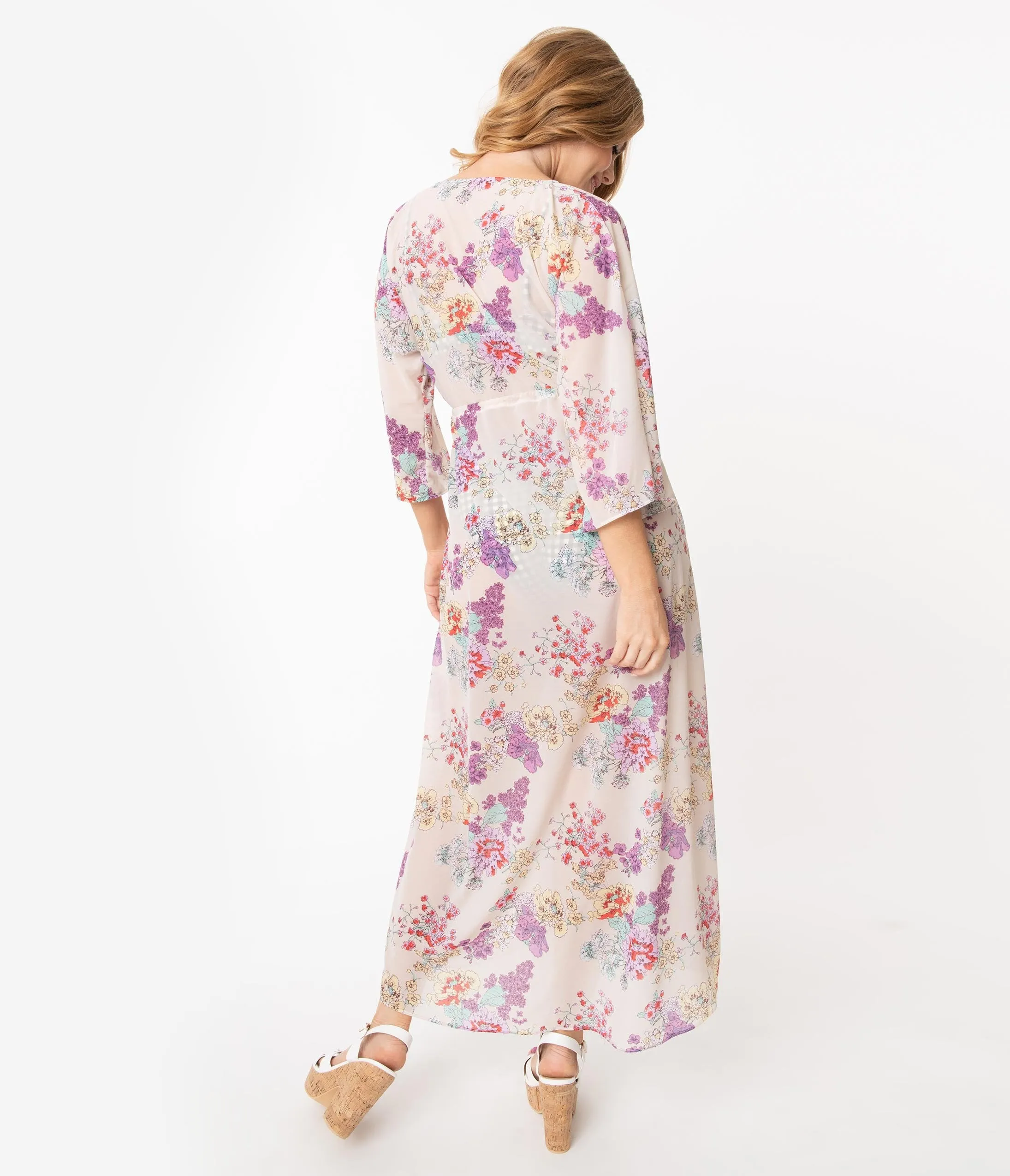 Light Beige & Purple Floral Kimono Swim Cover Up