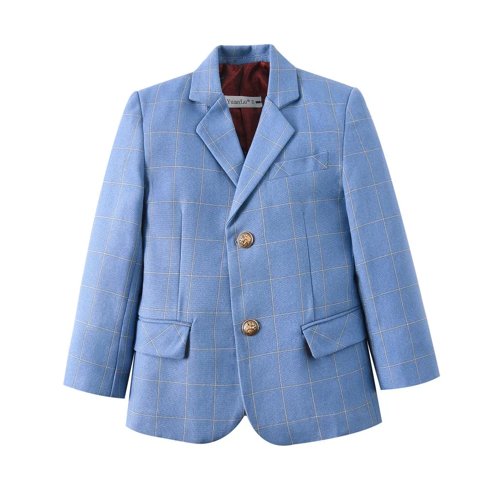 Light Blue Plaid Elegant Formal 4 Piece Boys Suits With Jacket Pants Shirt Tie