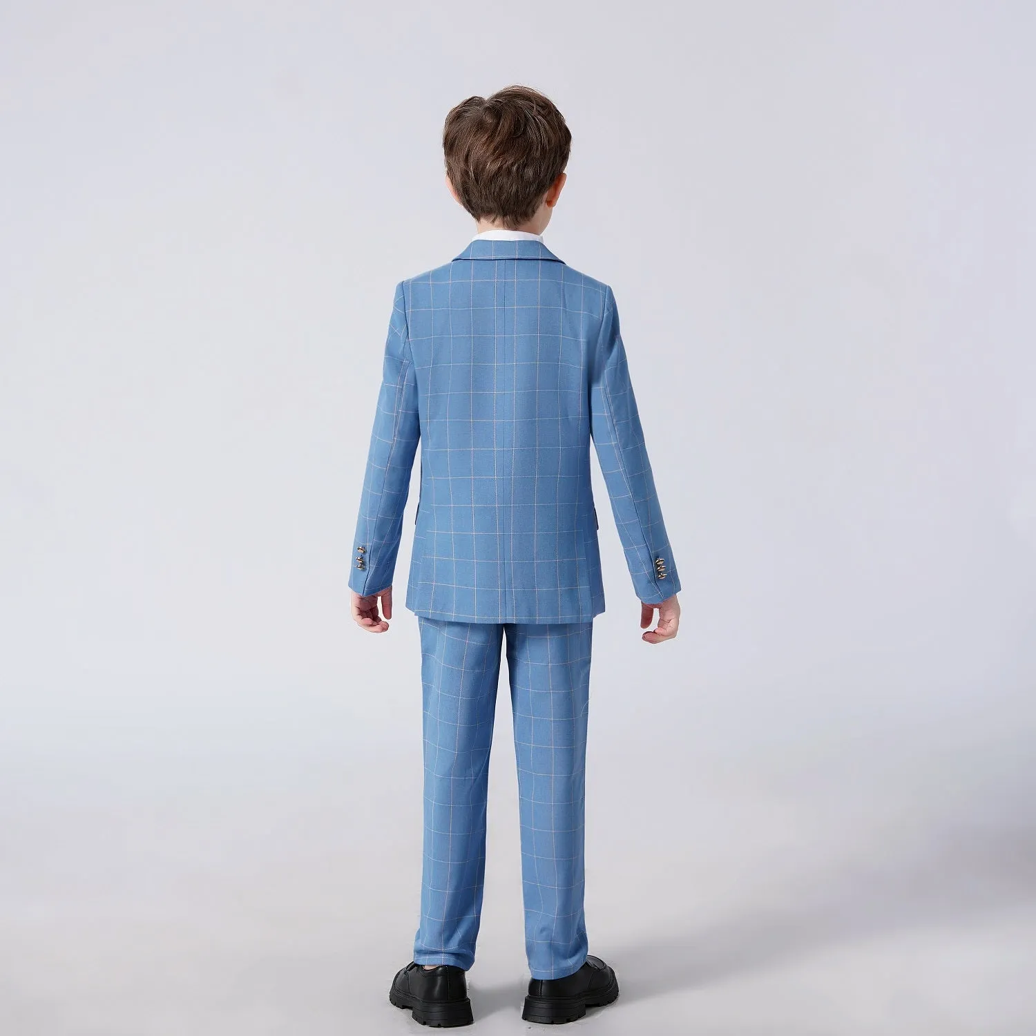 Light Blue Plaid Elegant Formal 4 Piece Boys Suits With Jacket Pants Shirt Tie