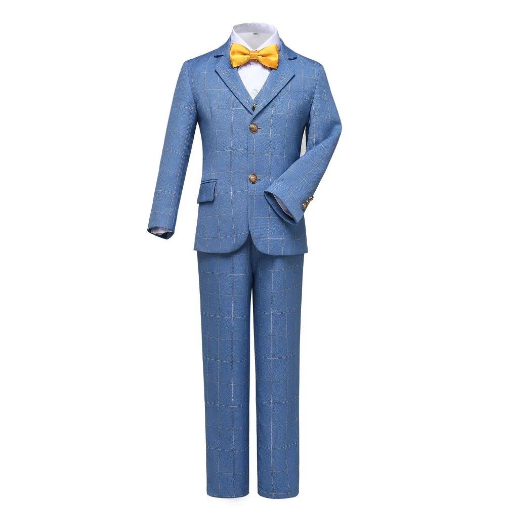 Light Blue Plaid Elegant Formal 4 Piece Boys Suits With Jacket Pants Shirt Tie