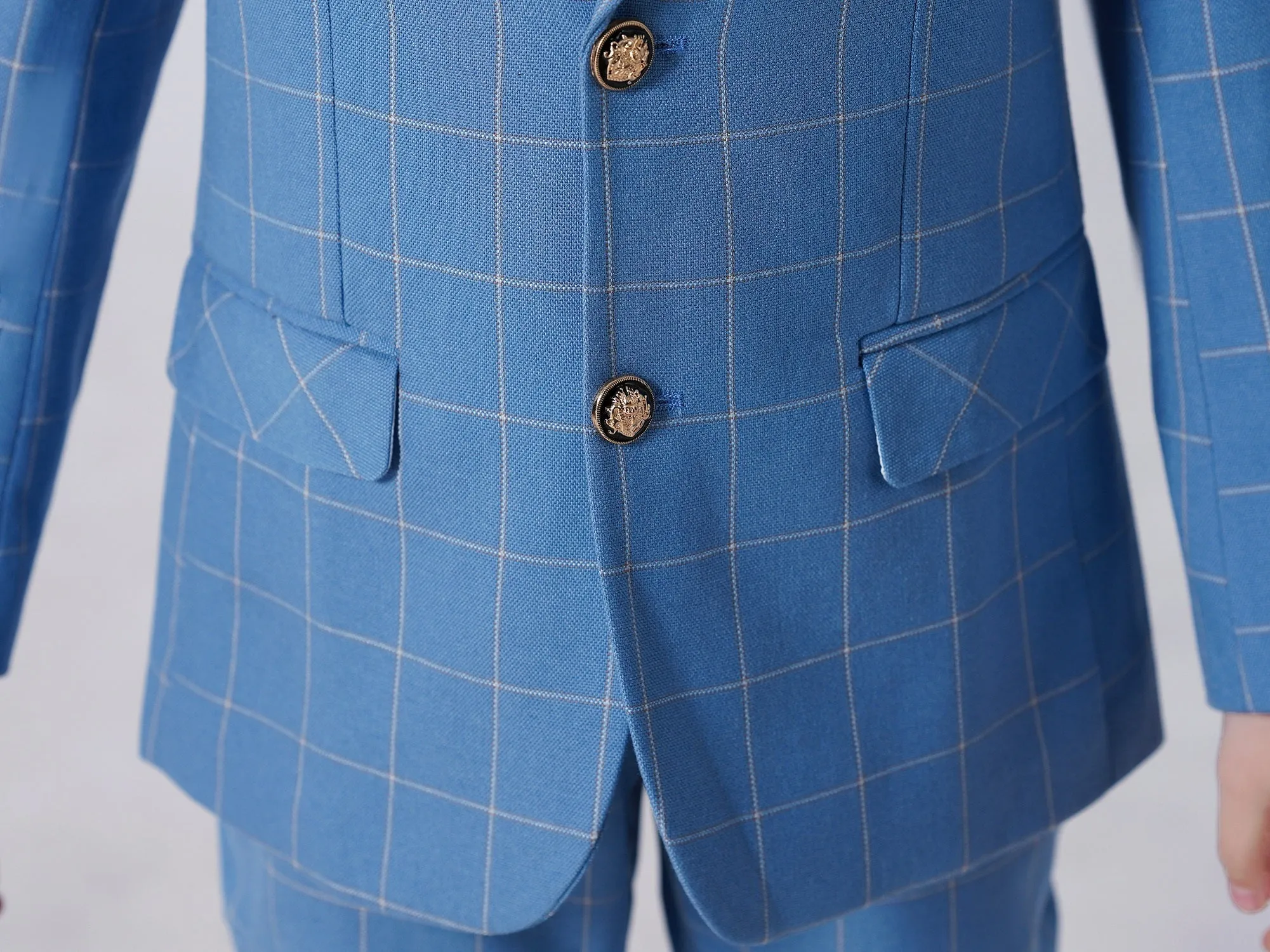 Light Blue Plaid Elegant Formal 4 Piece Boys Suits With Jacket Pants Shirt Tie