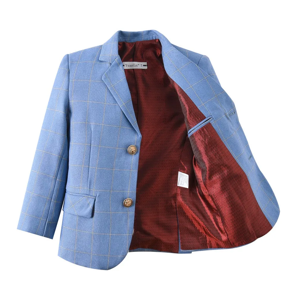 Light Blue Plaid Elegant Formal 4 Piece Boys Suits With Jacket Pants Shirt Tie