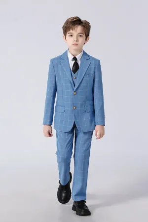 Light Blue Plaid Elegant Formal 4 Piece Boys Suits With Jacket Pants Shirt Tie