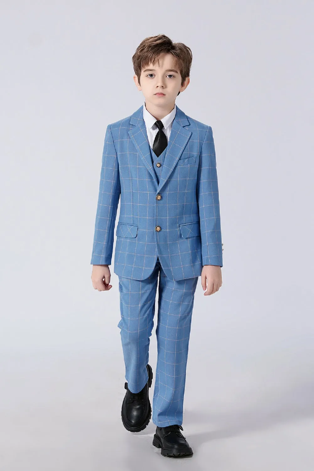 Light Blue Plaid Elegant Formal 4 Piece Boys Suits With Jacket Pants Shirt Tie