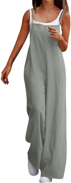 Linen Jumpsuits for Women Casual Comfy Loose Summer Boho Sleeveless Wide Leg Overalls One Piece Outfits with Pockets