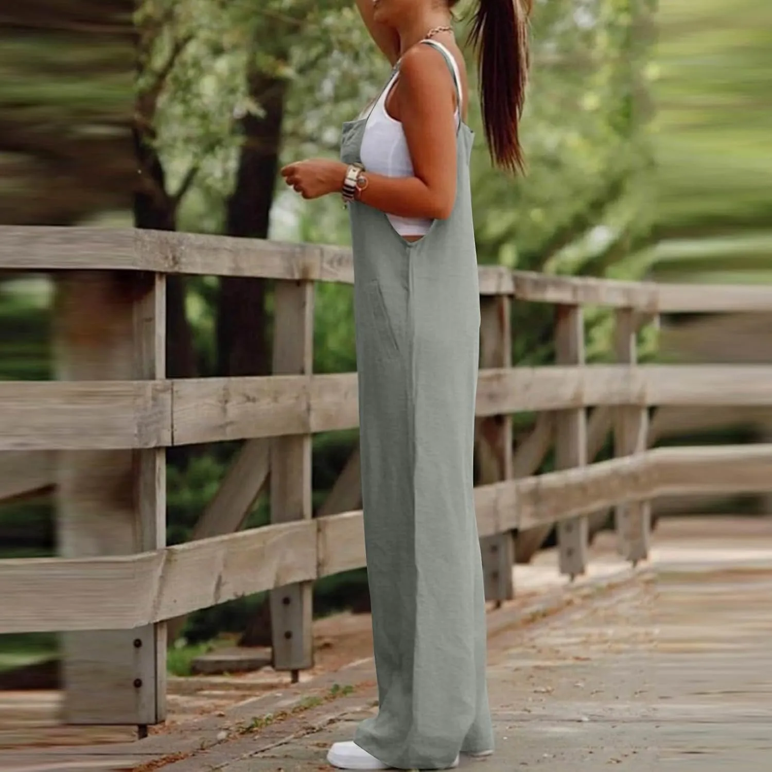 Linen Jumpsuits for Women Casual Comfy Loose Summer Boho Sleeveless Wide Leg Overalls One Piece Outfits with Pockets