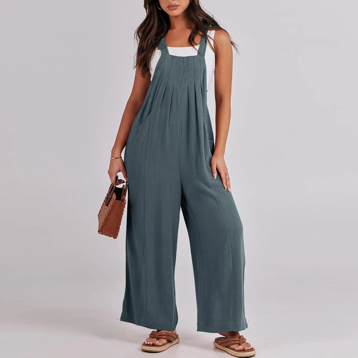 Linen Overalls for Women Loose Fit Adjustable Tie Straps Bib Overalls Sleeveless Wide Leg Jumpsuit Summer Rompers