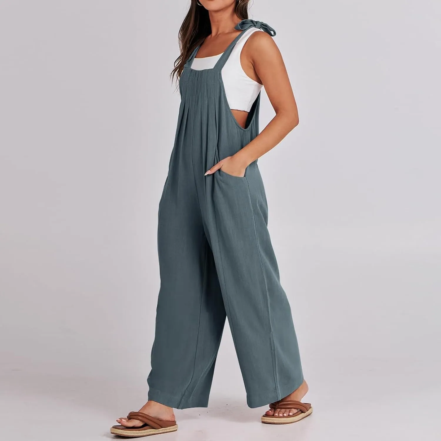Linen Overalls for Women Loose Fit Adjustable Tie Straps Bib Overalls Sleeveless Wide Leg Jumpsuit Summer Rompers