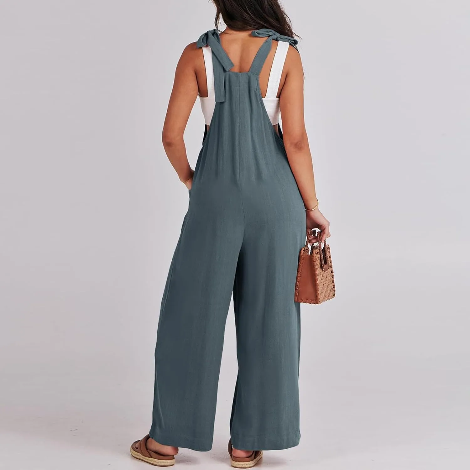 Linen Overalls for Women Loose Fit Adjustable Tie Straps Bib Overalls Sleeveless Wide Leg Jumpsuit Summer Rompers
