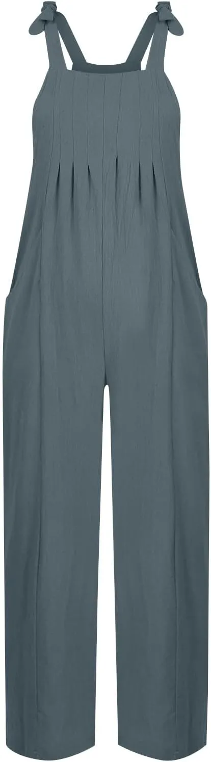 Linen Overalls for Women Loose Fit Adjustable Tie Straps Bib Overalls Sleeveless Wide Leg Jumpsuit Summer Rompers