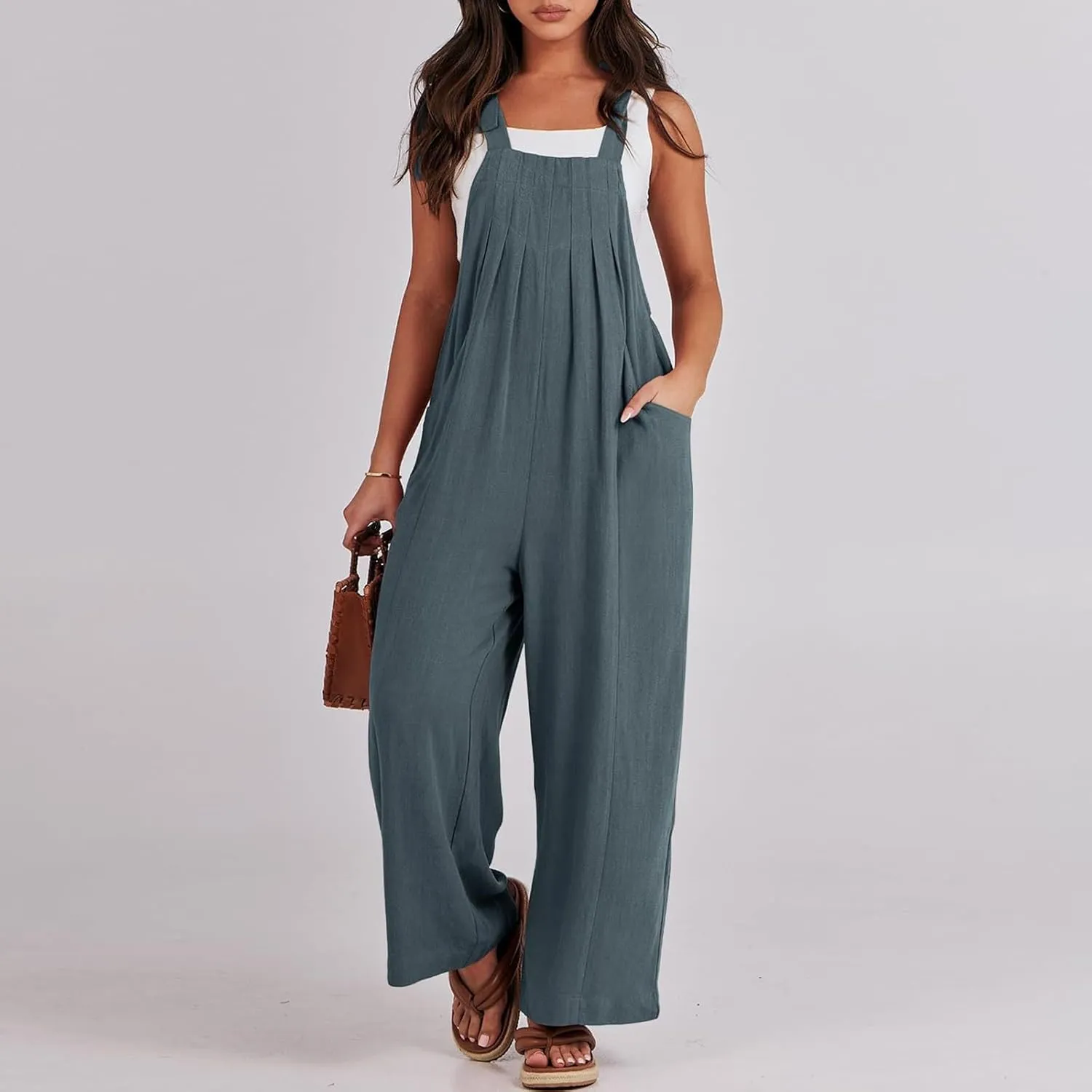 Linen Overalls for Women Loose Fit Adjustable Tie Straps Bib Overalls Sleeveless Wide Leg Jumpsuit Summer Rompers