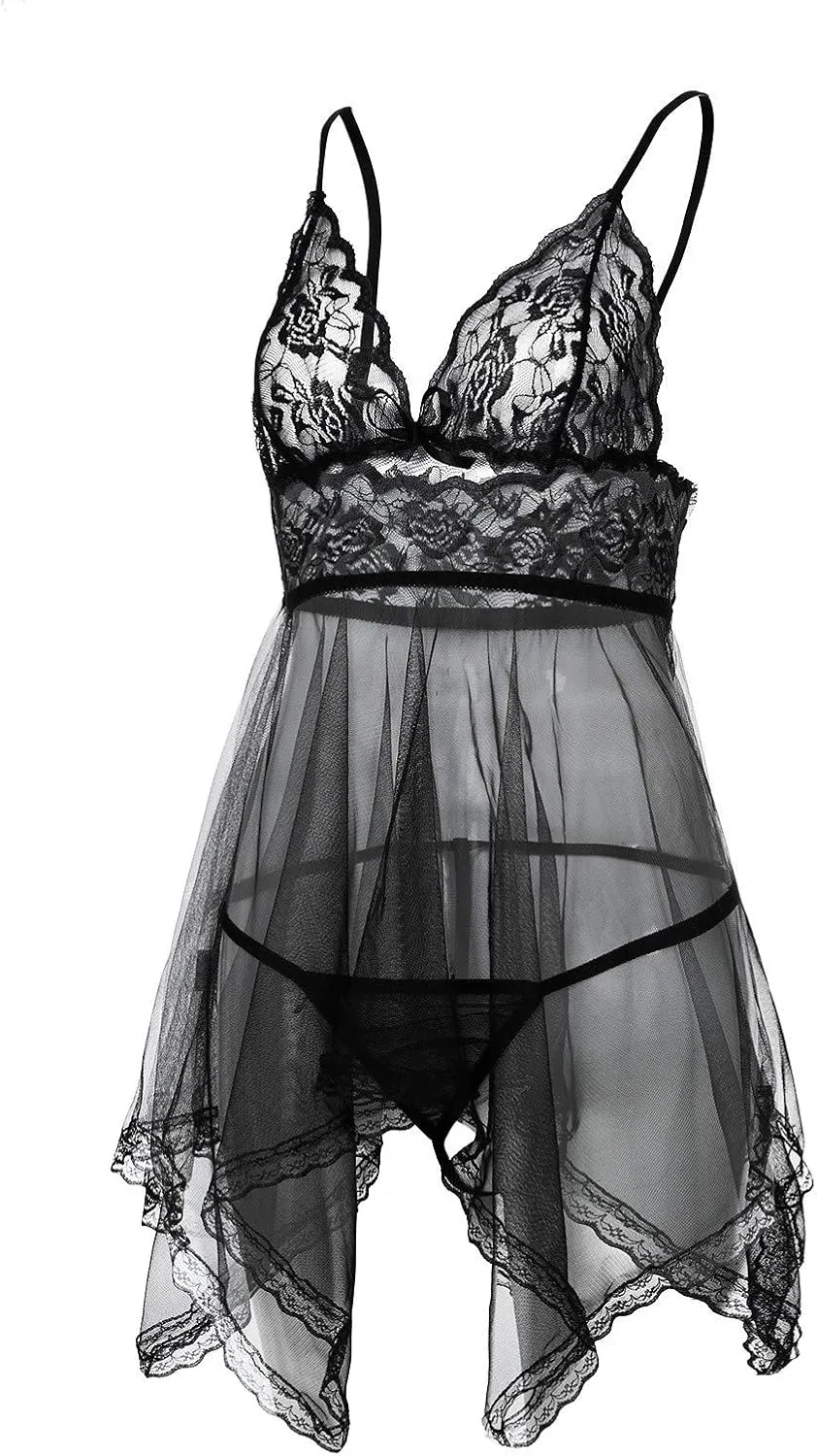 Lingerie for Women Lace Babydoll Chemise Negligees Sexy Mesh Nightgowns V Neck Backless Boudoir Nighty Sleepwear