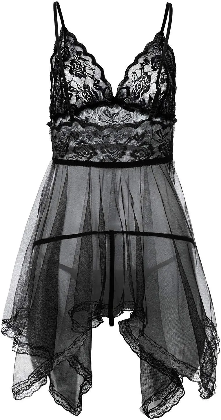 Lingerie for Women Lace Babydoll Chemise Negligees Sexy Mesh Nightgowns V Neck Backless Boudoir Nighty Sleepwear