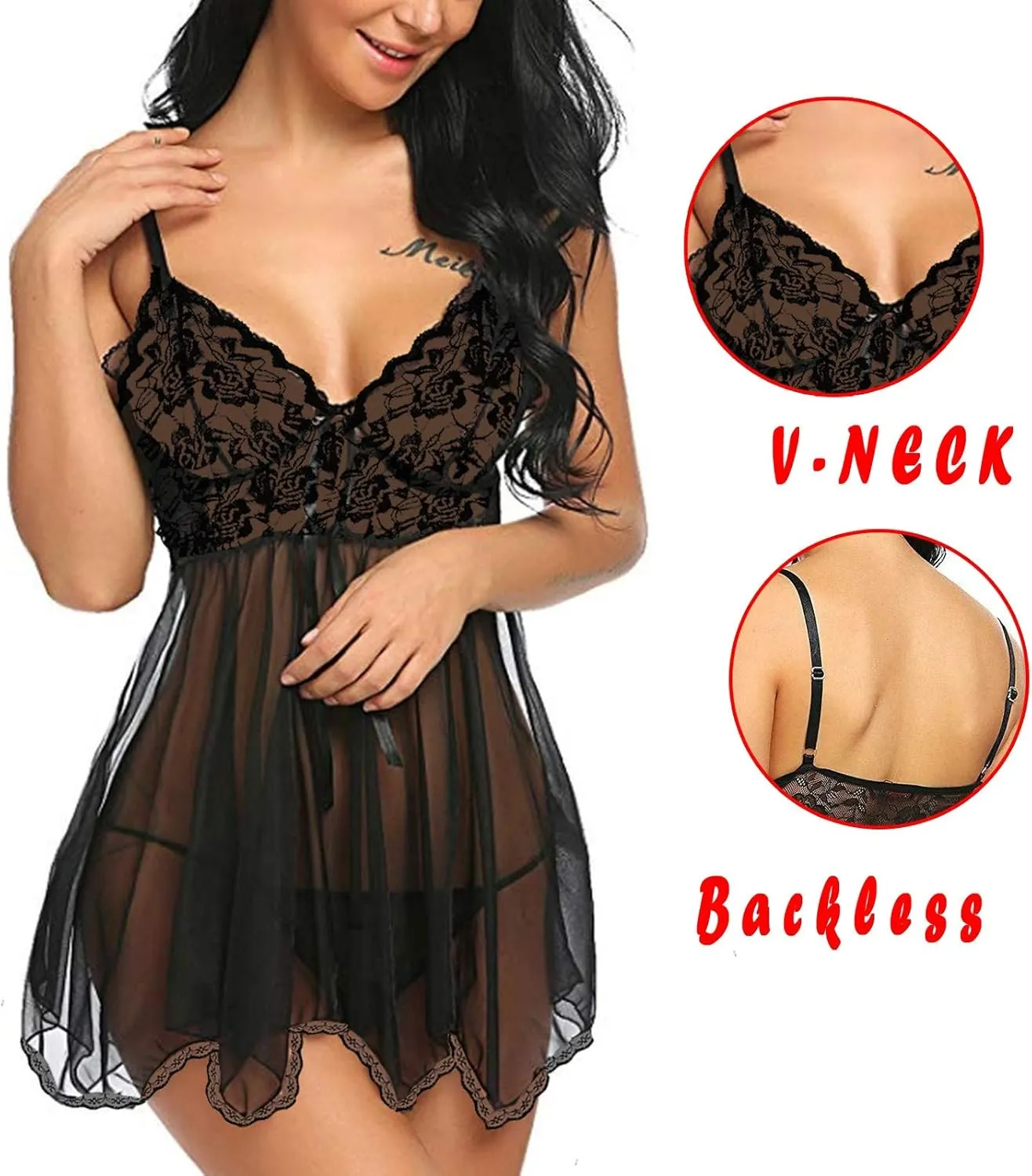 Lingerie for Women Lace Babydoll Chemise Negligees Sexy Mesh Nightgowns V Neck Backless Boudoir Nighty Sleepwear