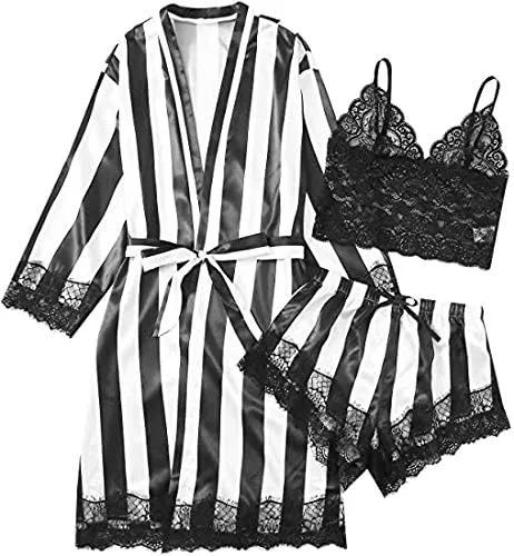 Lingerie Plus Size Woman 2023 Sexy Size Sleepwear Satin Robe Lingerie Silk Bathrobe Stripe Women Pajamas Plus