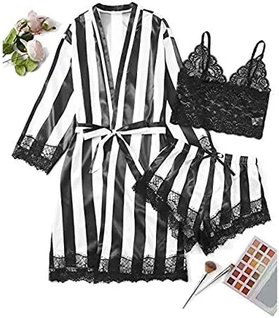 Lingerie Plus Size Woman 2023 Sexy Size Sleepwear Satin Robe Lingerie Silk Bathrobe Stripe Women Pajamas Plus