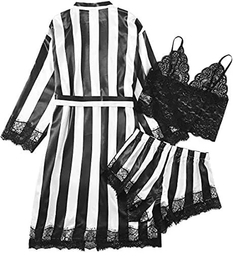 Lingerie Plus Size Woman 2023 Sexy Size Sleepwear Satin Robe Lingerie Silk Bathrobe Stripe Women Pajamas Plus
