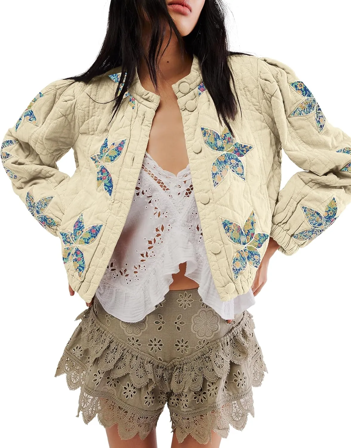 Locachy Women's Casual Cropped Puffer Jacket Lightweight Flower Embroidery Winter Warm Quilted Jacket Coat with Pockets