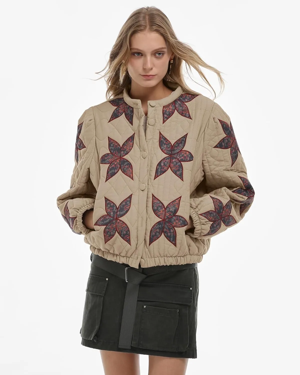 Locachy Women's Casual Cropped Puffer Jacket Lightweight Flower Embroidery Winter Warm Quilted Jacket Coat with Pockets