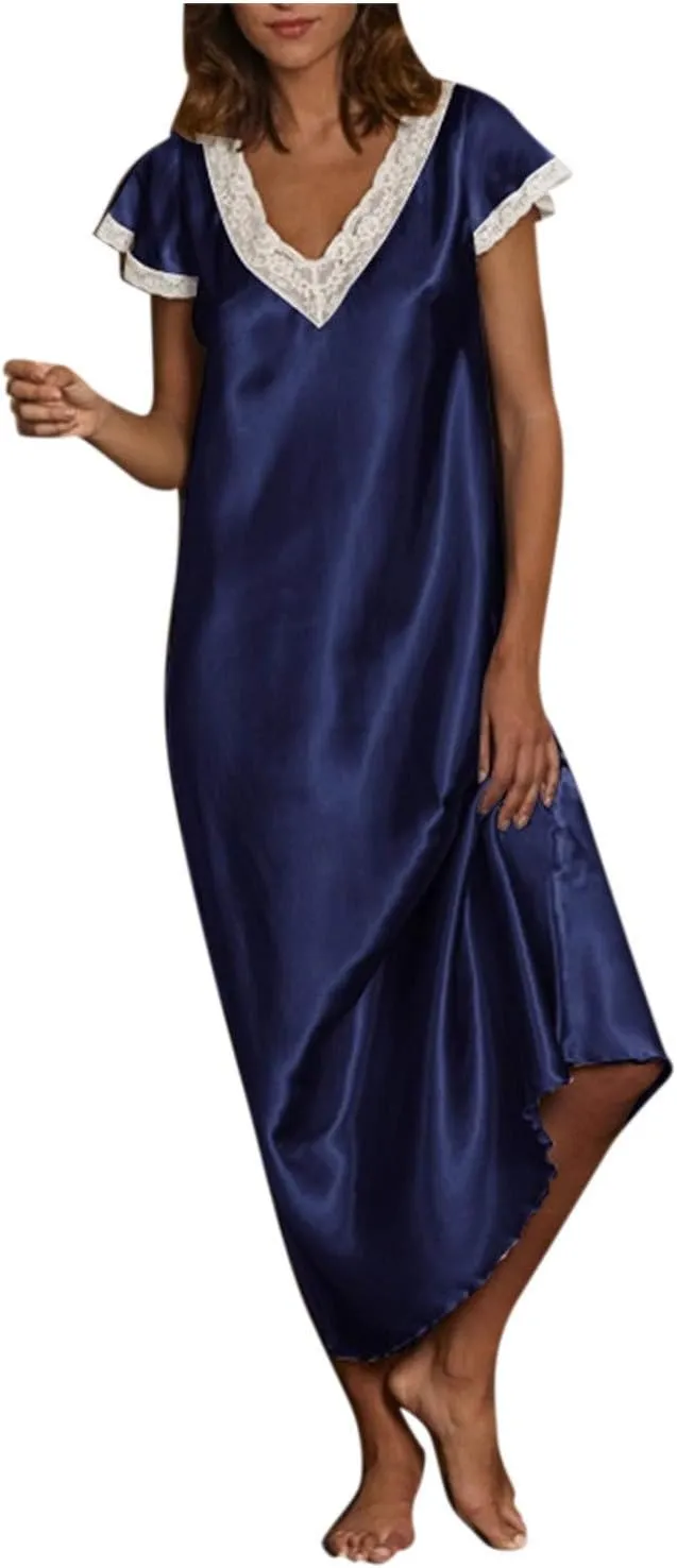 Long Nightgowns for Women Soft Silk Satin Sleepwear Short Sleeve Nightshirt Full Length Lace V Neck Loungewear