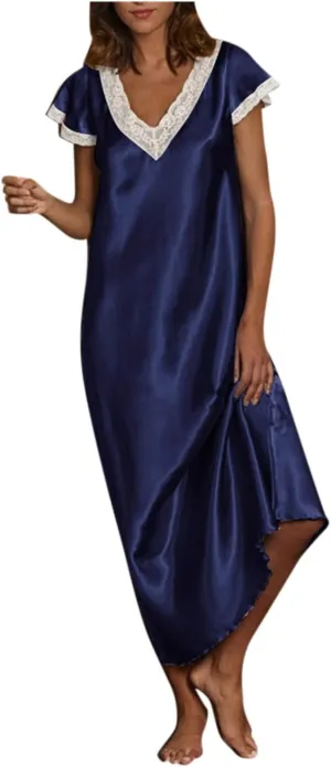 Long Nightgowns for Women Soft Silk Satin Sleepwear Short Sleeve Nightshirt Full Length Lace V Neck Loungewear