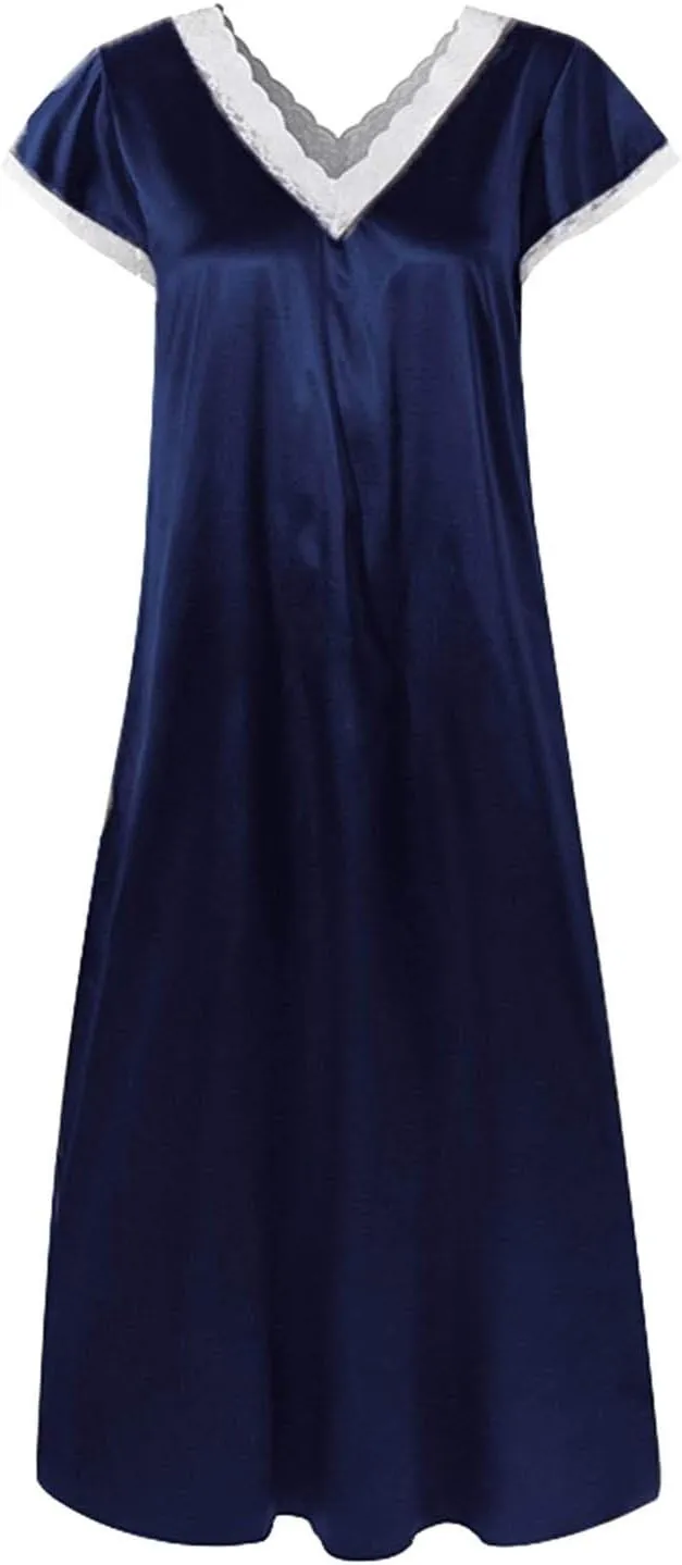 Long Nightgowns for Women Soft Silk Satin Sleepwear Short Sleeve Nightshirt Full Length Lace V Neck Loungewear