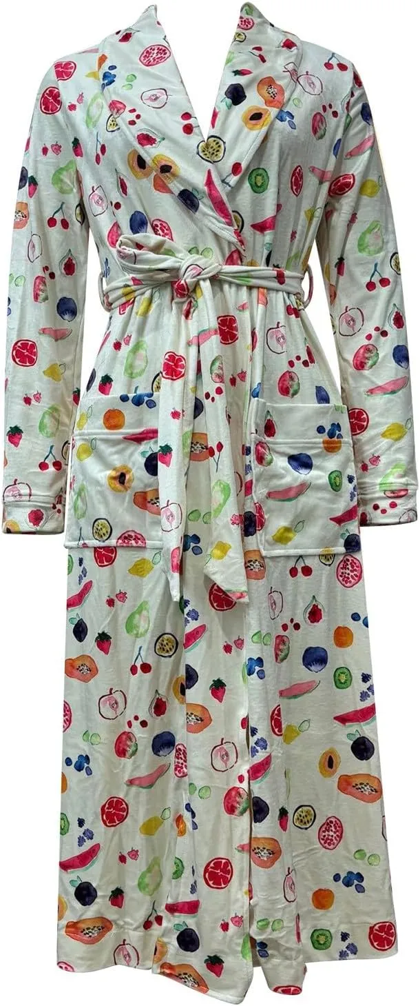 Long Sleeve House Coats Floral Fruit Print Warm Bathrobe Long Towel Robe with Pocket Knit Robes for Women Coats for