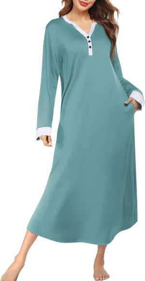Long Sleeve Nightgowns for Women V Neck Sleep Shirt Soft Cotton Gowns Sleepwear Ladies Housecoat Dresses with Pockets