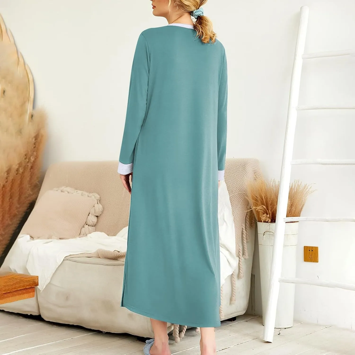 Long Sleeve Nightgowns for Women V Neck Sleep Shirt Soft Cotton Gowns Sleepwear Ladies Housecoat Dresses with Pockets