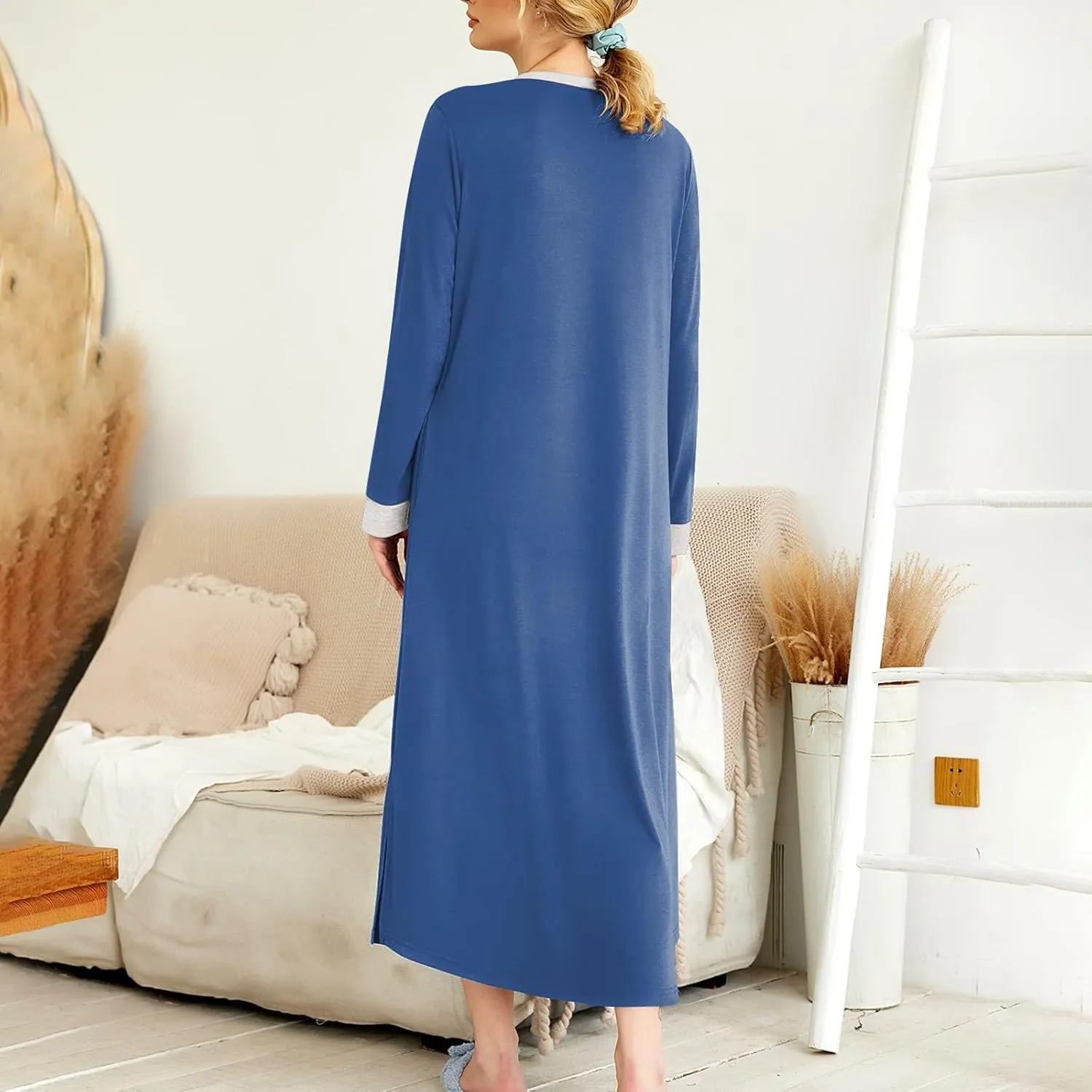 Long Sleeve Nightgowns for Women V Neck Sleep Shirt Soft Cotton Gowns Sleepwear Ladies Housecoat Dresses with Pockets
