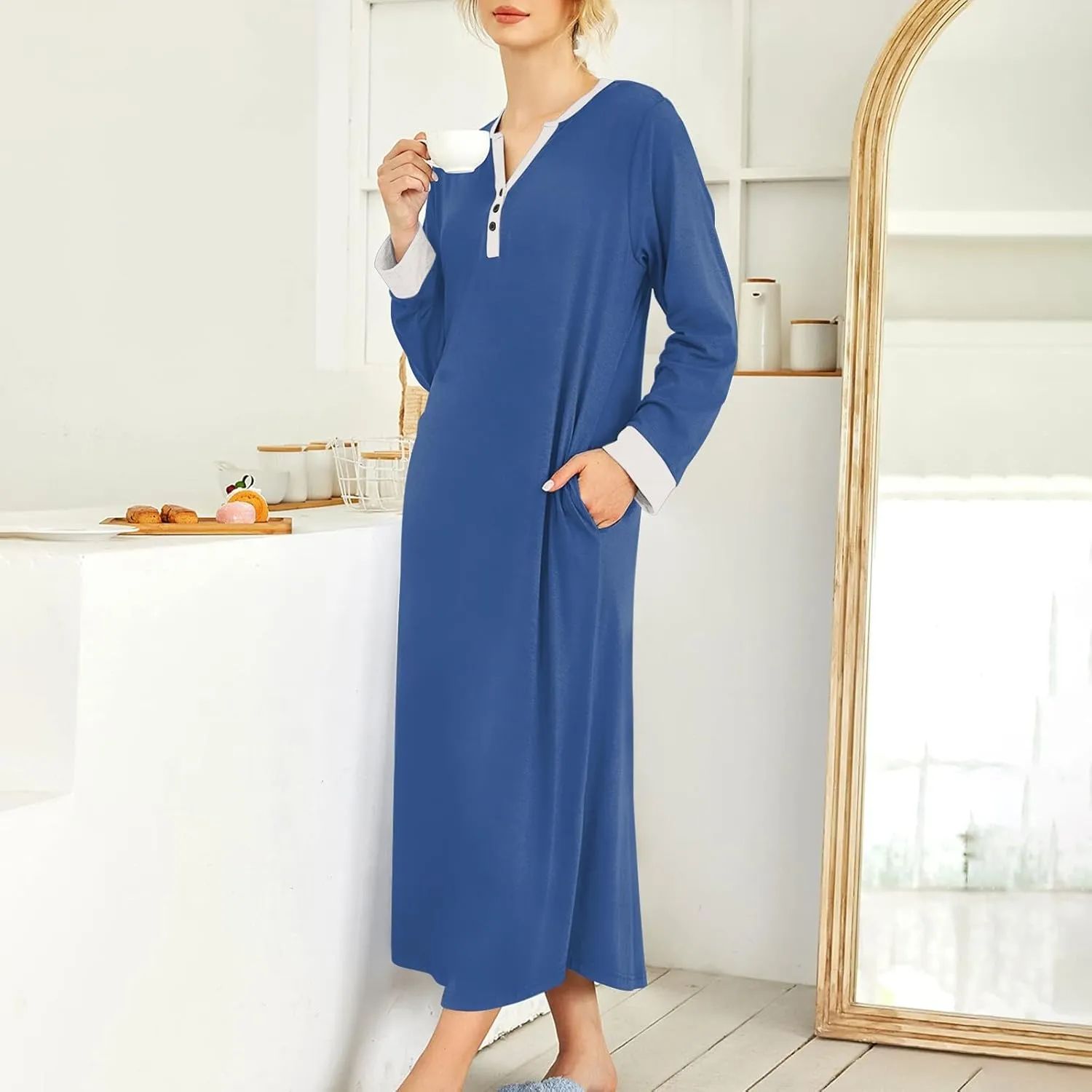 Long Sleeve Nightgowns for Women V Neck Sleep Shirt Soft Cotton Gowns Sleepwear Ladies Housecoat Dresses with Pockets