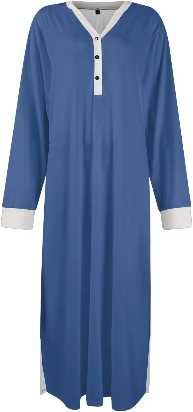 Long Sleeve Nightgowns for Women V Neck Sleep Shirt Soft Cotton Gowns Sleepwear Ladies Housecoat Dresses with Pockets