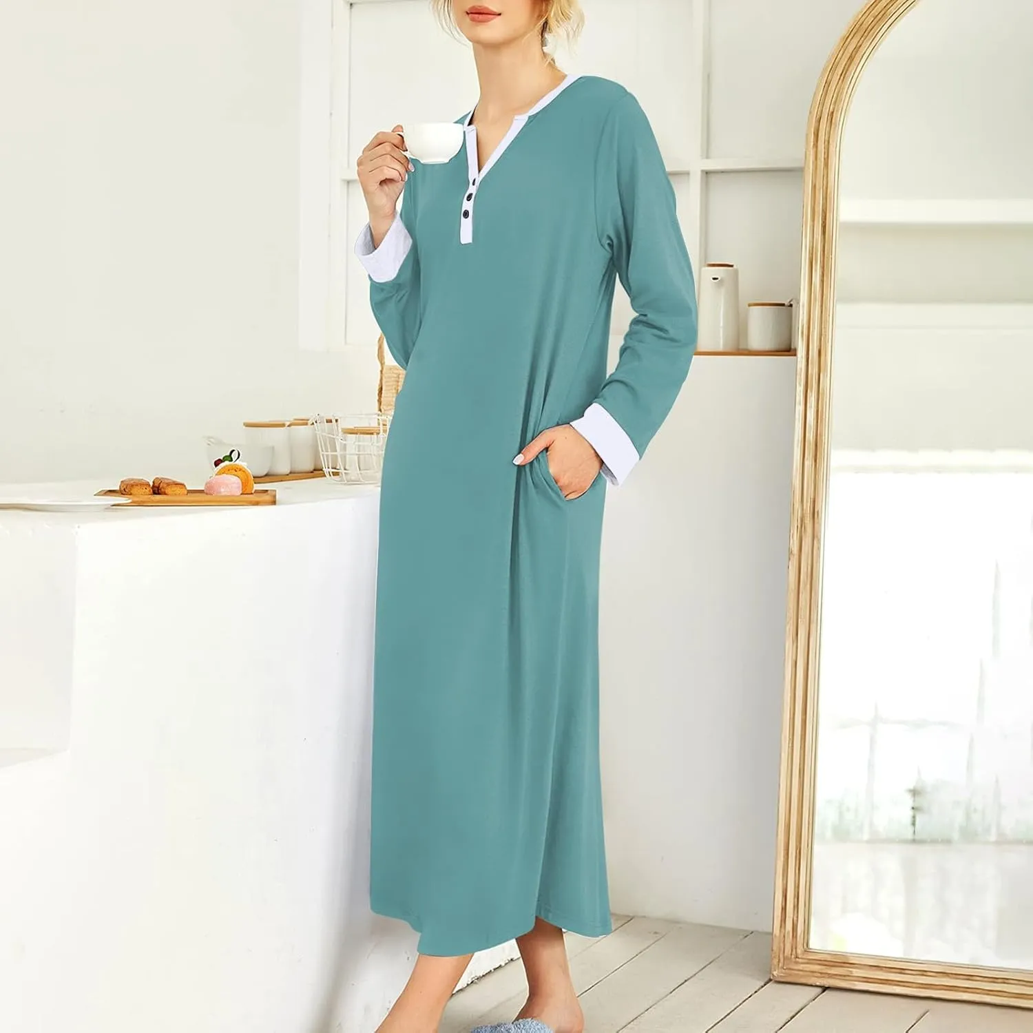 Long Sleeve Nightgowns for Women V Neck Sleep Shirt Soft Cotton Gowns Sleepwear Ladies Housecoat Dresses with Pockets