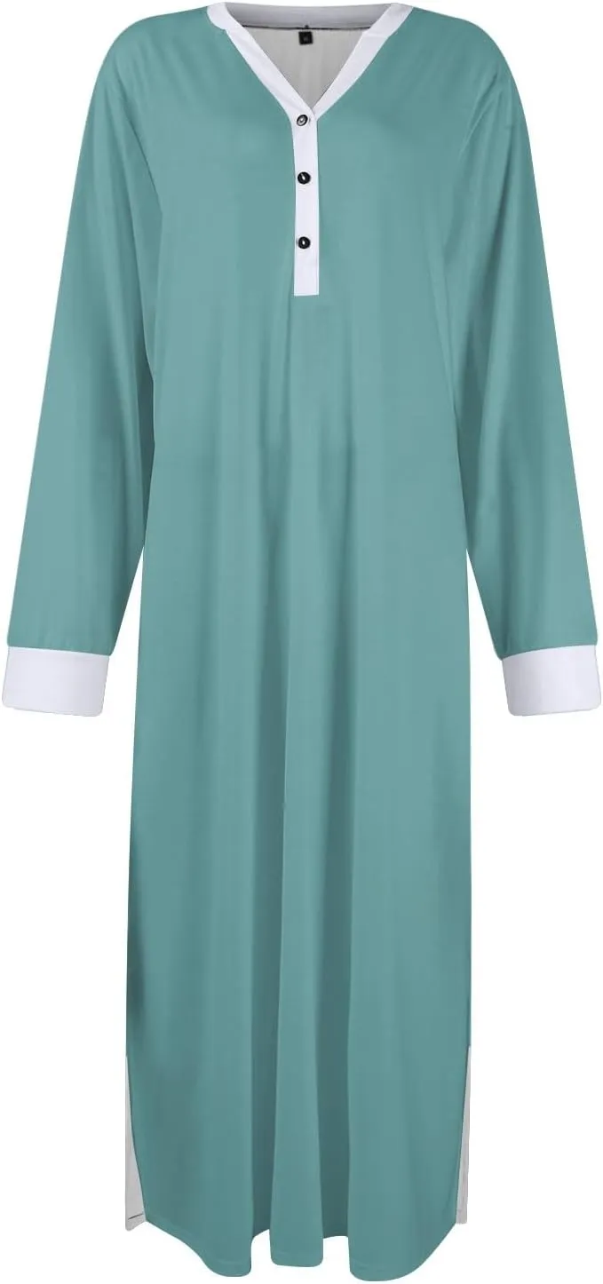 Long Sleeve Nightgowns for Women V Neck Sleep Shirt Soft Cotton Gowns Sleepwear Ladies Housecoat Dresses with Pockets