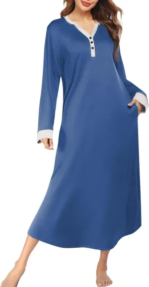 Long Sleeve Nightgowns for Women V Neck Sleep Shirt Soft Cotton Gowns Sleepwear Ladies Housecoat Dresses with Pockets