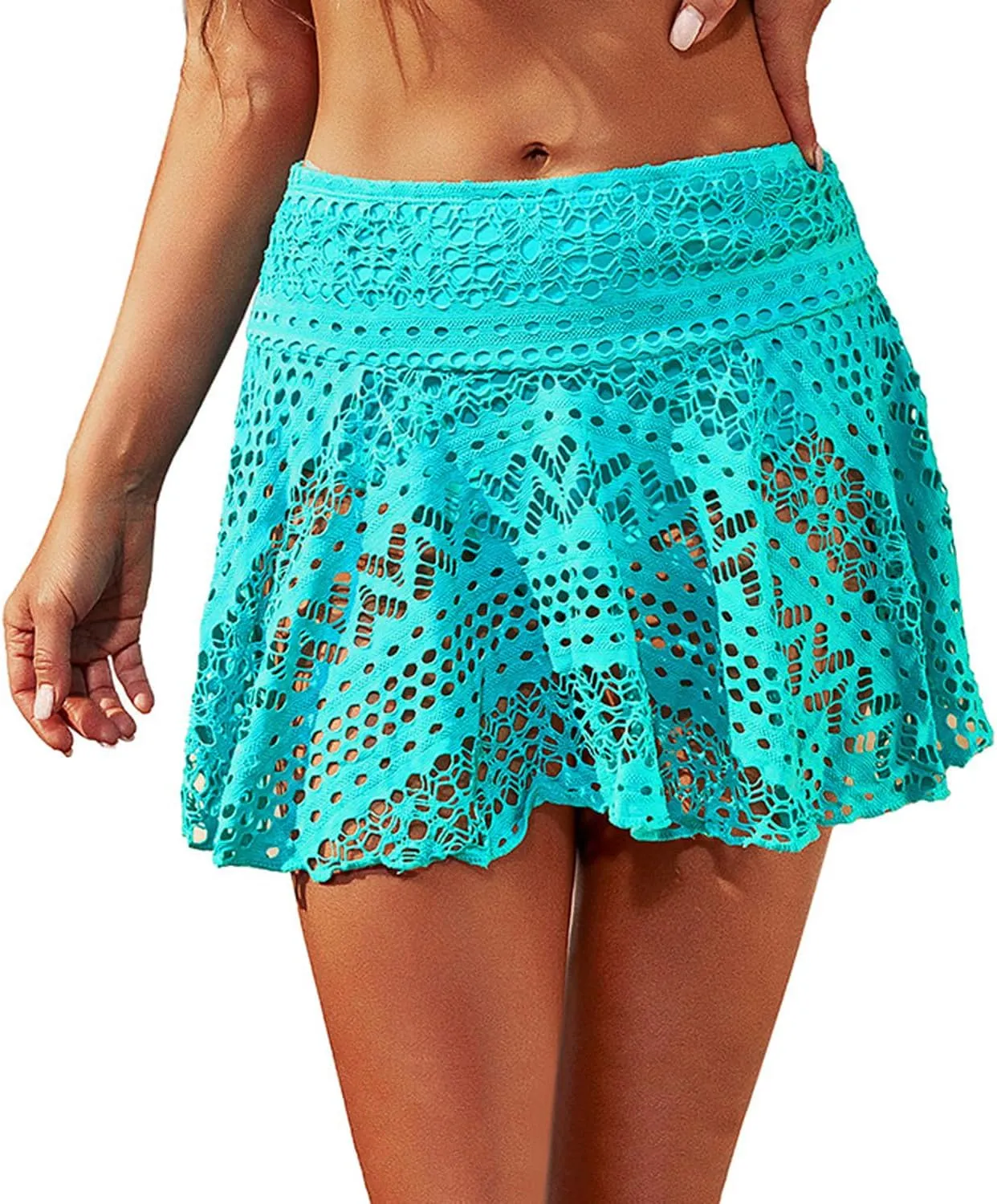 Lopie Women Lace Crochet Swim Skirt Bikini Bottom Swimsuit Board Shorts Skort Swimdress