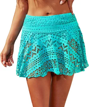 Lopie Women Lace Crochet Swim Skirt Bikini Bottom Swimsuit Board Shorts Skort Swimdress