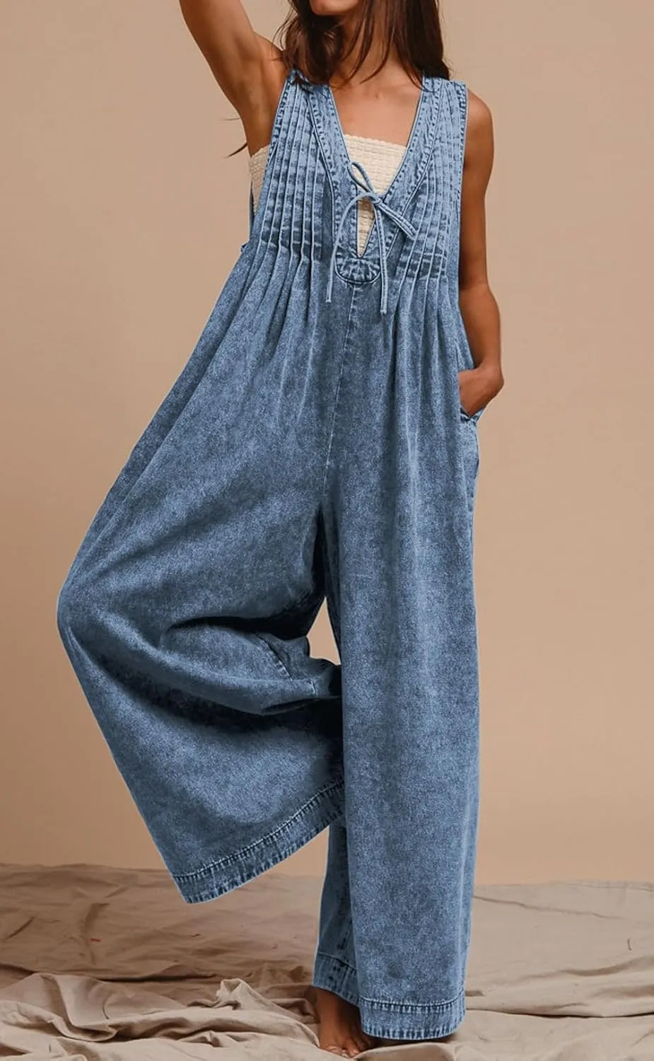 loveimgs Women Flowy Sleeveless Jean Jumpsuit Wide Leg Overalls Baggy Pleated Ruffle Tank Romper Summer Y2k 2025 Pocket