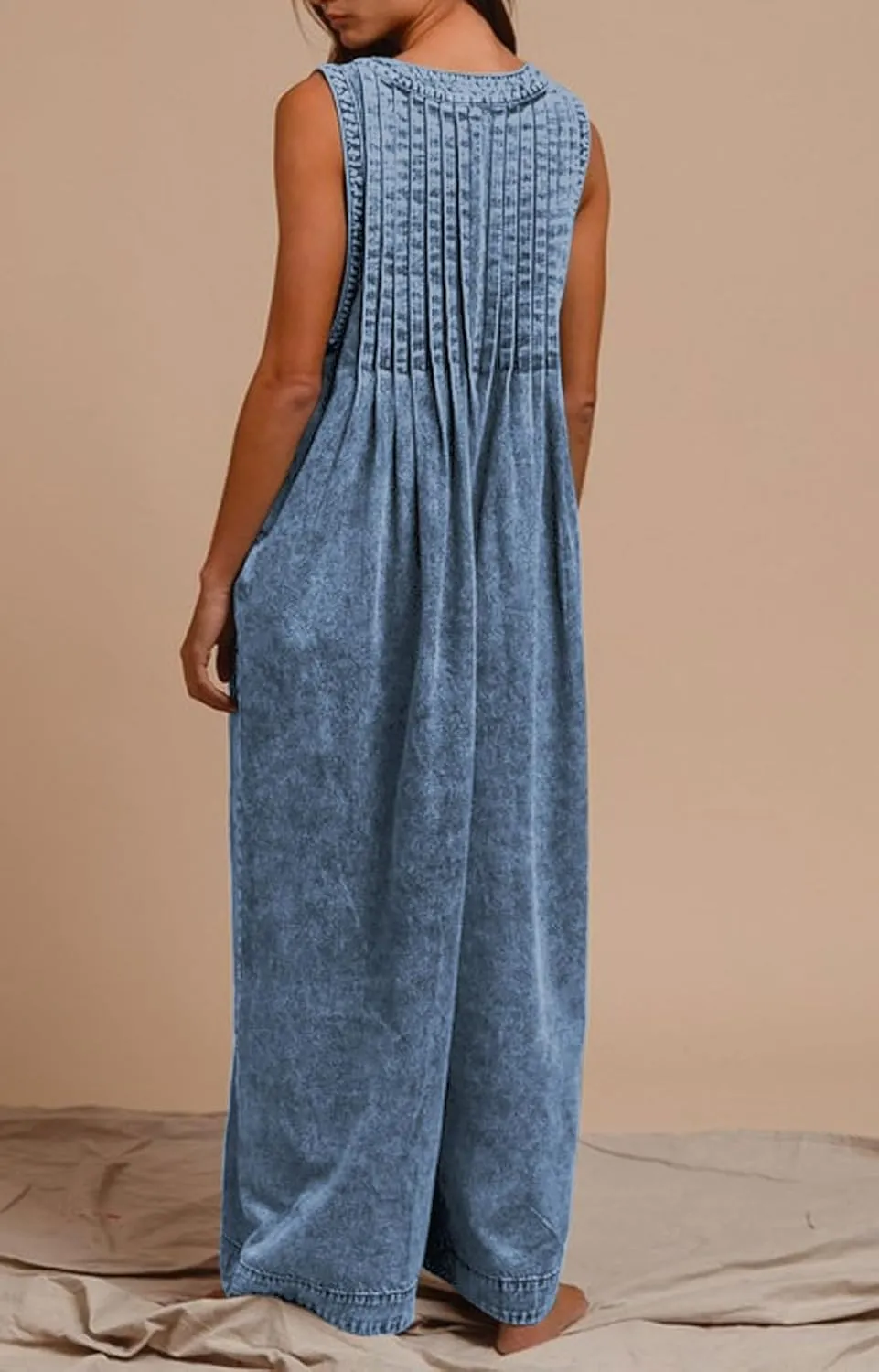 loveimgs Women Flowy Sleeveless Jean Jumpsuit Wide Leg Overalls Baggy Pleated Ruffle Tank Romper Summer Y2k 2025 Pocket