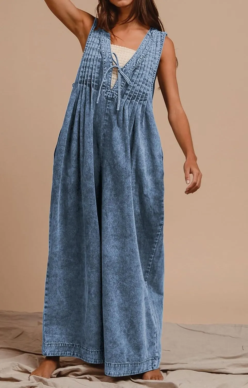 loveimgs Women Flowy Sleeveless Jean Jumpsuit Wide Leg Overalls Baggy Pleated Ruffle Tank Romper Summer Y2k 2025 Pocket